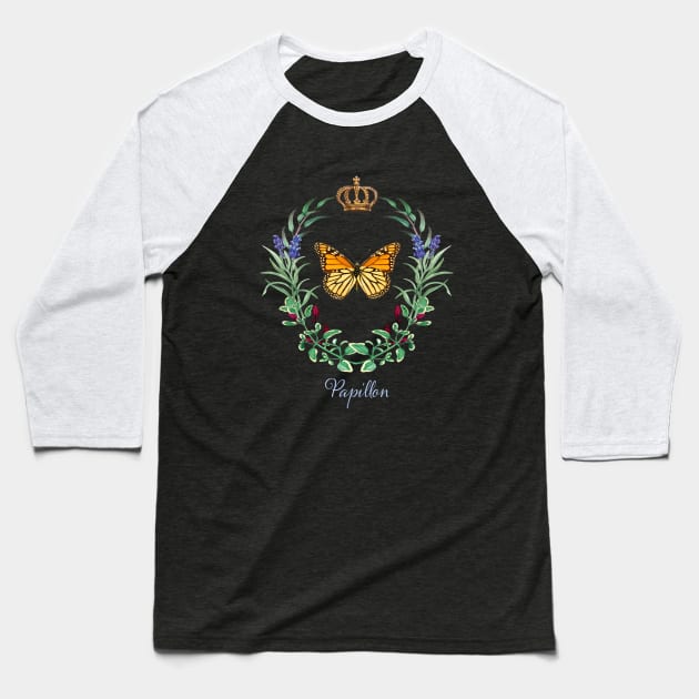 Papillon Monarch Butterfly Lavender Wreath Cottagecore Gardener Baseball T-Shirt by Pine Hill Goods